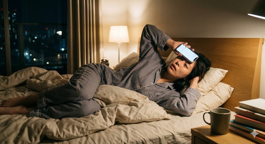 寝る前にスマホで時刻を操作するのが面倒な女性画像